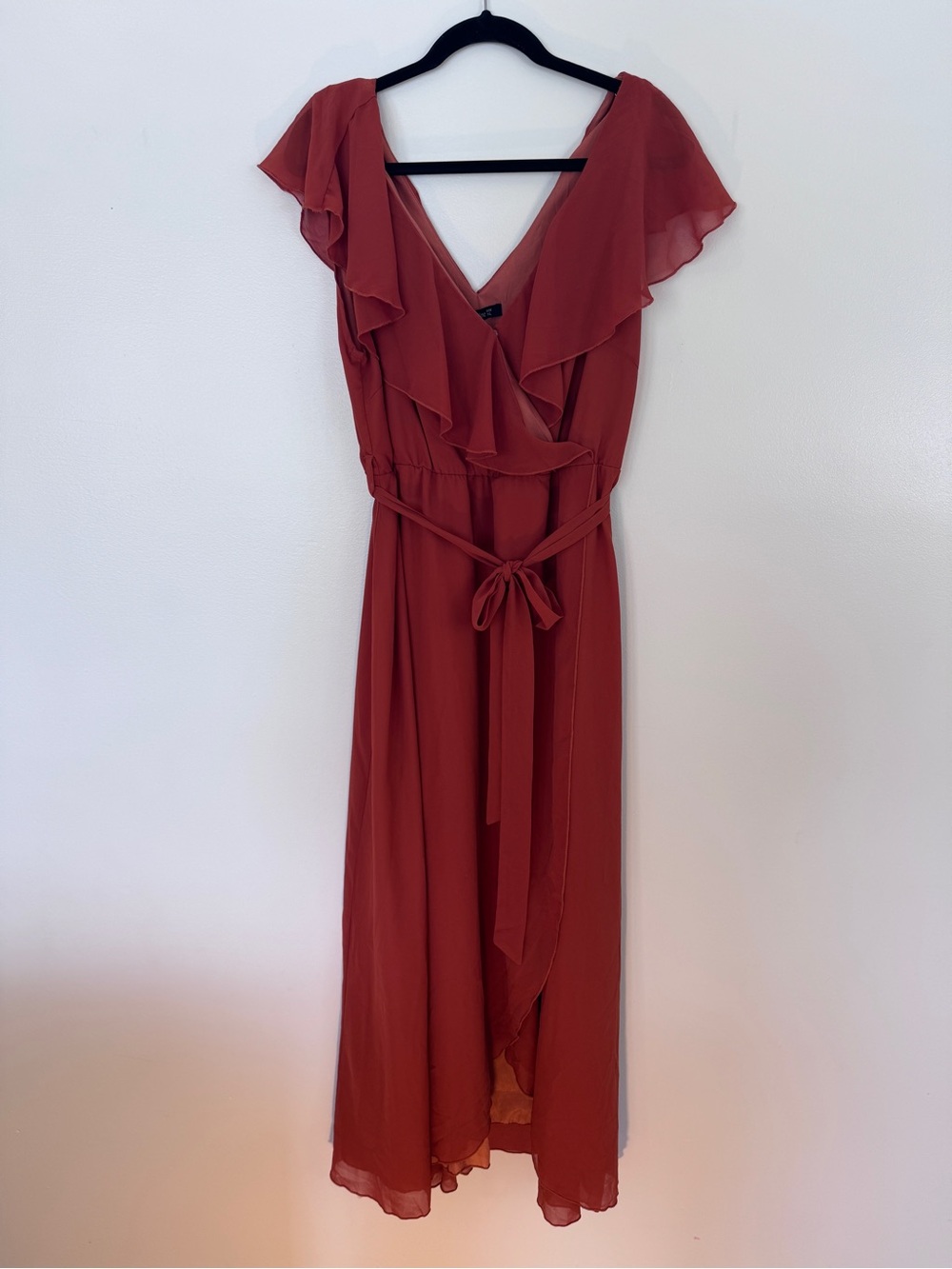Simple Rust Red Ruffle Wrap Maxi Dress